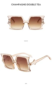 Fashionable champagne gradient irregular sunglasses with unique bat shaped frames for women