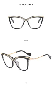 Elegantes gafas de mujer ojo de gato con detalles de metal cruzados dorados marco negro gris