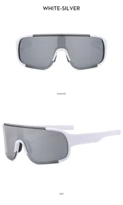 White frame silver lens sports cycling sunglasses detail view showing side and front angles