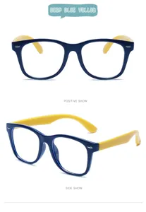 Children lightweight blue light blocking glasses featuring deep blue frame and yellow temples.