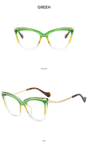 Gafas graduadas de ojo de gato elegantes con degradado verde amarillo y varillas metálicas.