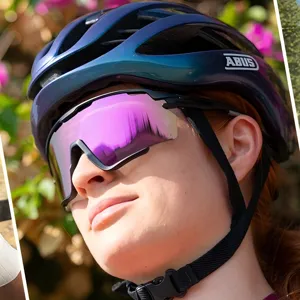 Vue détaillée de lunettes de soleil de cyclisme d'extérieur élégantes à grands verres miroirs.