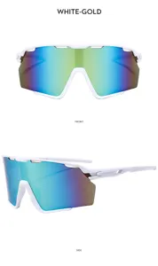 Lunettes de soleil de sport or blanc avec verres dégradés colorés, grande monture cyclisme.