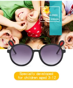 Detailed view of trendy children sunglasses featuring cute rabbit ears round frame gradient lenses