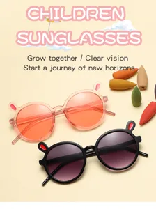 Cute kids sunglasses with bunny ears round frame transparent pink and black stylish eyewear