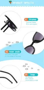 Children sunglasses detail view with TR material flexible frame and comfortable nose pads.
