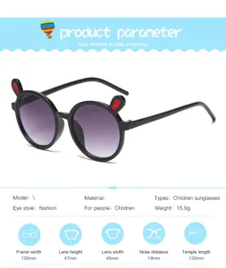 Cute children sunglasses with round frame and rabbit ears, detail parameter view and specs.