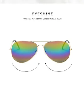 Detail view of retro aviator sunglasses featuring double metal bridge and colorful gradient lenses.