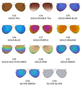 Detailed view of multi-color aviator sunglasses with metal double bridge and gradient lenses.