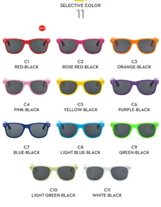 Detailed view of children colorful wayfarer sunglasses featuring multiple vibrant color options.