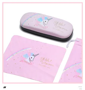 Set di custodia per occhiali unicorno rosa carino con panno e sacchetto per bambini.
