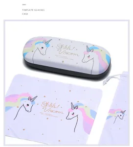 Bellissimo set astuccio per occhiali unicorno in latta con panno e sacchetto carino.