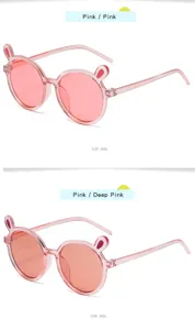 Cute kids pink bunny ears sunglasses, stylish transparent round frame children eyewear for summer.
