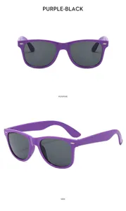 Side and front detail view of purple frame children sunglasses showing classic square shape.