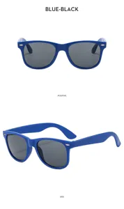 Kids classic neon party sunglasses, stylish blue frame with dark lenses for summer beach wear.