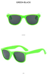 Neon green kids party sunglasses, classic Wayfarer style summer beach eyewear for children.