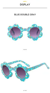 Cute floral kids sunglasses featuring light blue frames with colorful flower prints for daily wear.