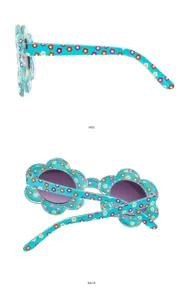 Cute floral kids sunglasses in turquoise with colorful flowers. Detailed side and back view.