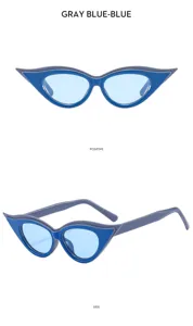Vue détaillée de lunettes de soleil tendance en œil-de-chat pour femmes, verres bleus.