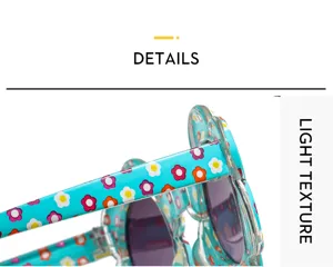 Children floral sunglasses frame detail close up view, cute colorful flower pattern design