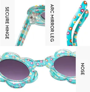 Details of kids blue flower sunglasses, featuring secure hinges, curved legs and nose bridge.
