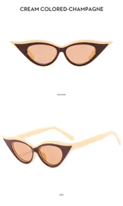 Vue détaillée des lunettes de soleil rétro œil-de-chat exagéré couleur crème et champagne.