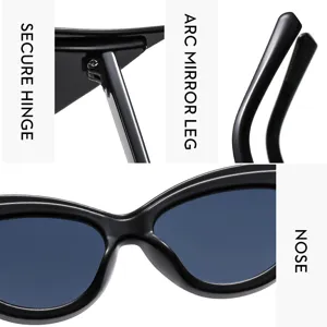 Vue détaillée de lunettes de soleil chat noires avec charnière sécurisée et pont.