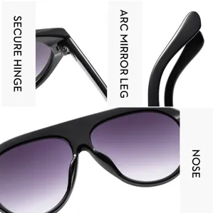 Primer plano de los detalles de las gafas de sol Y2K negras con bisagra y patilla.