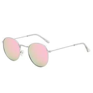 Κλασικά vintage στρογγυλά μεταλλικά γυαλιά ηλίου με ροζ ανακλαστικούς φακούς μόδας.