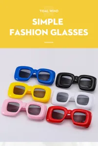 Detailed view of trendy chunky puffy square sunglasses in vibrant assorted colors for street style.