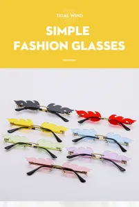 Close-up details of trendy flame-shaped rimless sunglasses in multiple vibrant colors.