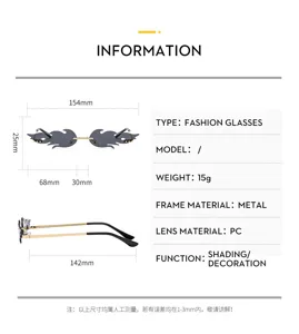 Flame sunglasses detail and dimension chart, lightweight metal frame PC lens for fashion decor.