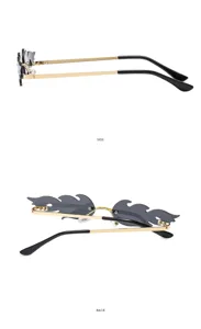 Detail view of trendy rimless sunglasses featuring unique flame-shaped lenses and slim metal arms.