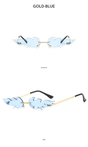 Trendy flame shape rimless sunglasses with colorful blue lenses and gold metal temples for women.