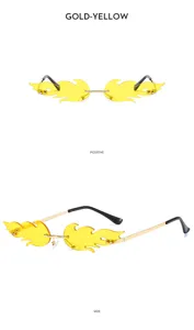 Detail view of trendy flame shaped rimless sunglasses with gold metal temples and yellow lenses.