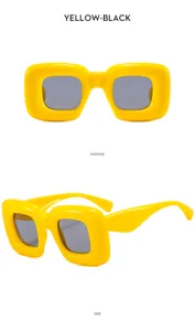 Chic trendy yellow puffy square sunglasses for women, exaggerated fashion street style eyewear.