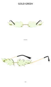 Trendy rimless green flame sunglasses with gold metal frame, perfect for stylish summer wear.