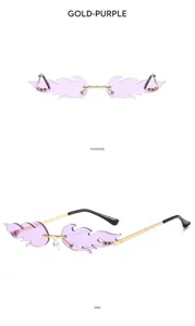 Trendy flame rimless sunglasses with purple lenses and gold frame for women fashion wear.