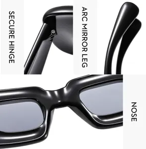 Detail shot of trendy chunky puffy rectangular sunglasses showcasing hinge, leg, and nose bridge.