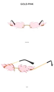Trendy flame-shaped rimless sunglasses with pink lenses and stylish metal temples.
