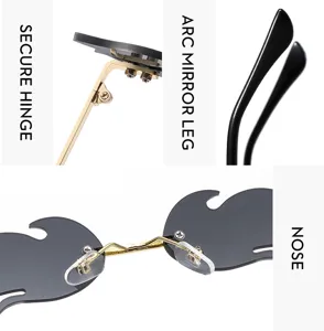 Detailed view of trendy flame-shaped rimless sunglasses showcasing secure hinge and nose pads.