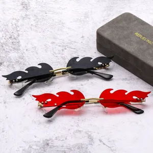 Trendy flame shaped rimless sunglasses with colorful lenses, stylish eyewear for women and men.