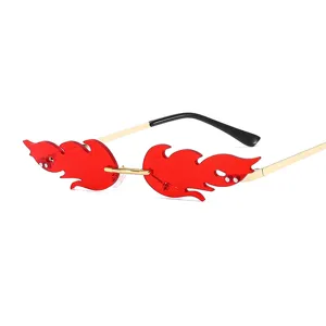 Chic red flame-shaped rimless sunglasses with metal temples for trendy women and men.