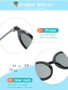 Gafas de sol redondas vintage para niños con monturas negras brillantes y cómodas almohadillas.