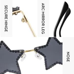 Rimless rhinestone star sunglasses detail view showing secure hinge, temple, and nose.