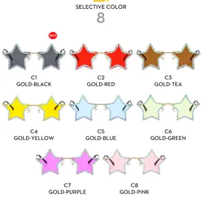 Rimless pentagram rhinestone sunglasses detail view, fashion party eyewear with colorful lenses.
