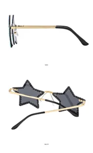 Stylish rimless rhinestone star sunglasses for women, fashion party eyewear with gold frames.