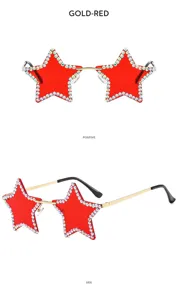 Details of fashionable rimless rhinestone star sunglasses, unique party eyewear design.