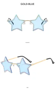 Trendy rimless rhinestone star sunglasses, chic party eyewear with sparkling crystal details.