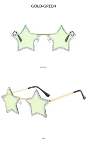 Close-up details of star-shaped rimless rhinestone sunglasses, green lenses and gold frame.